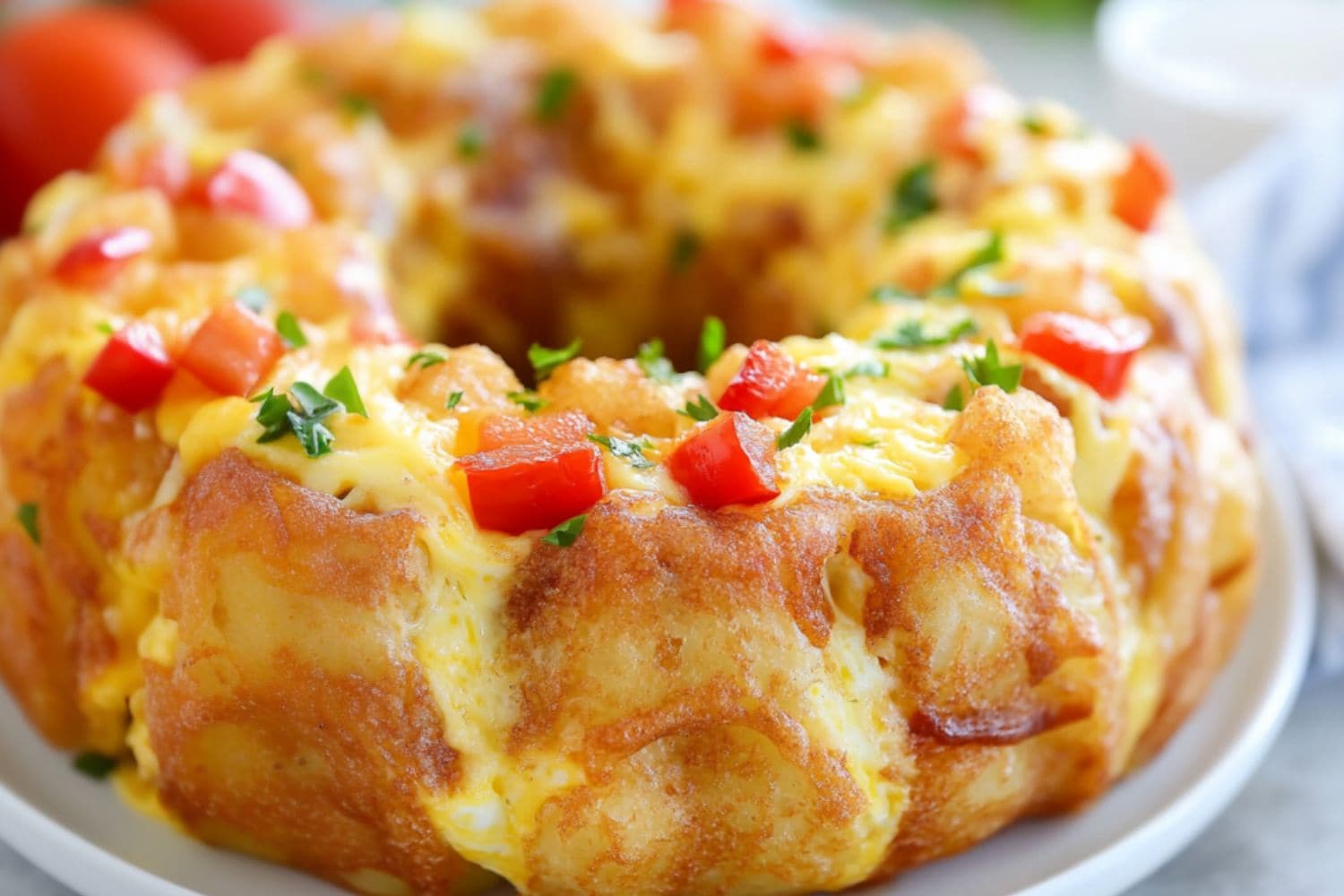 Breakfast bundt cake with diced peppers, onions hams and fluffy eggs served on a white plate.