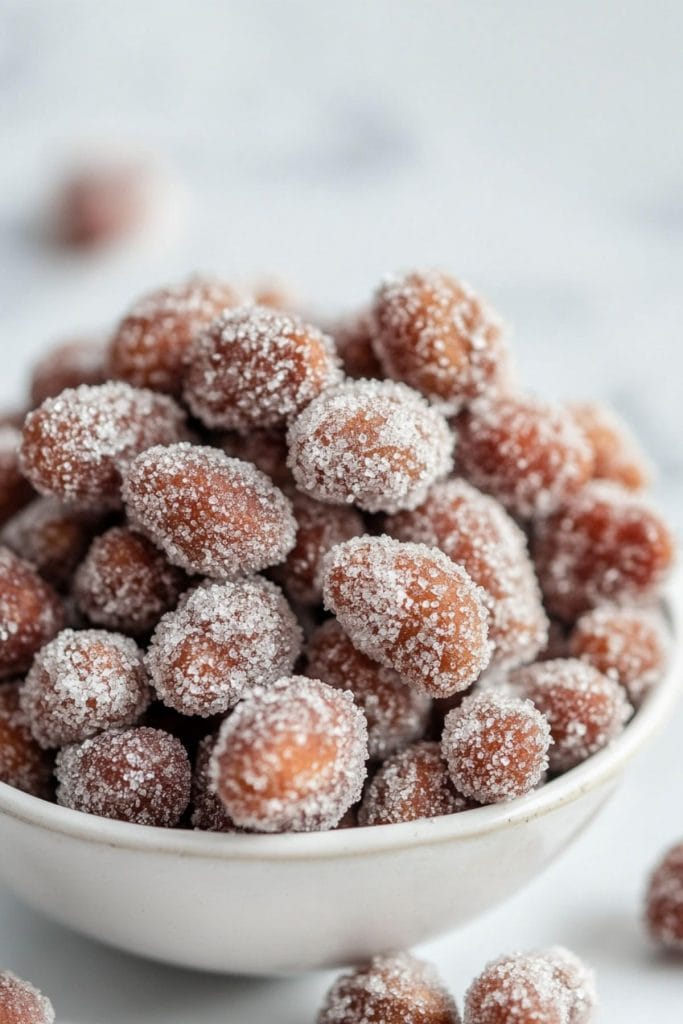 Sugar coated candied peanuts in a white bowl.