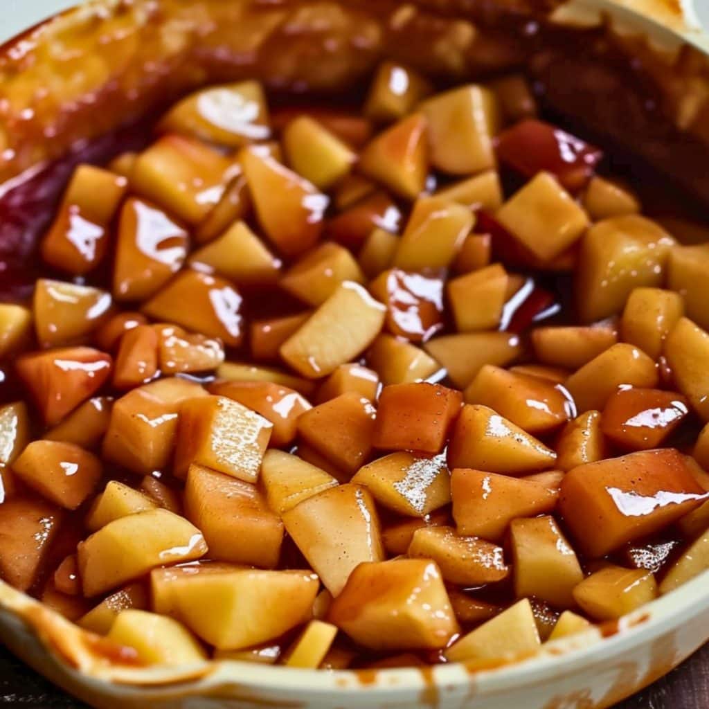 A skillet filled with caramelized apple pie filling.