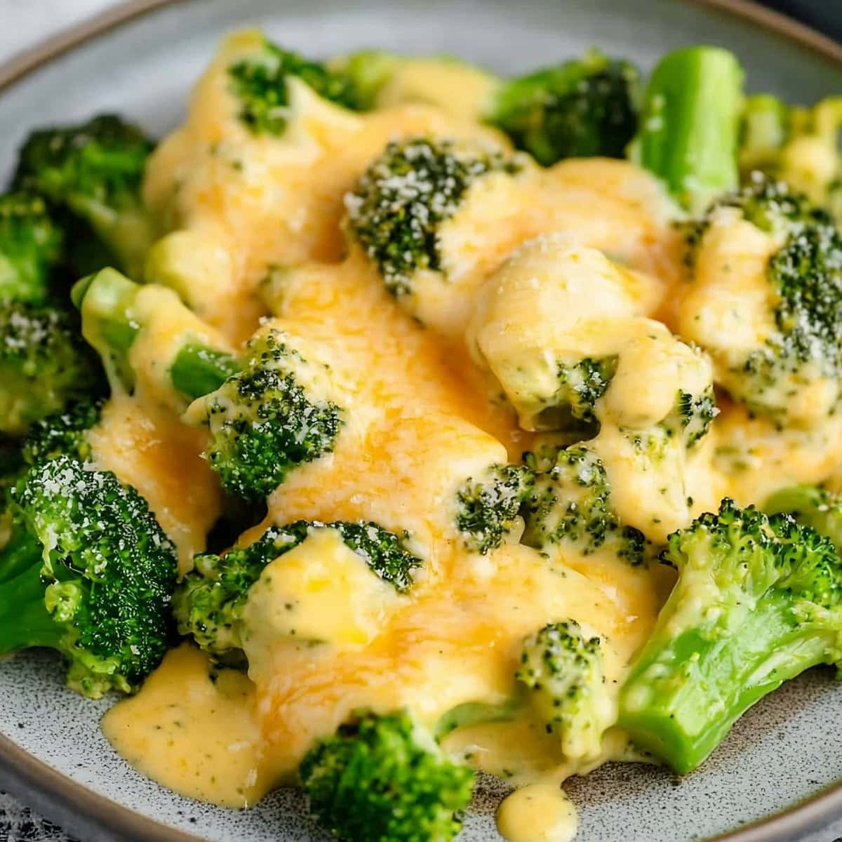 Close-up of cheesy broccoli in a plate.