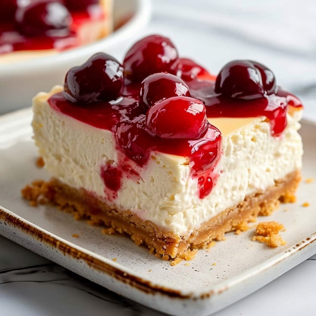 Creamy cherry cheesecake bars with a buttery graham cracker crust.