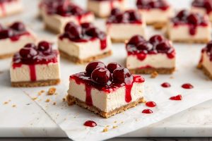 Sliced cherry cheesecake bars on parchment paper.