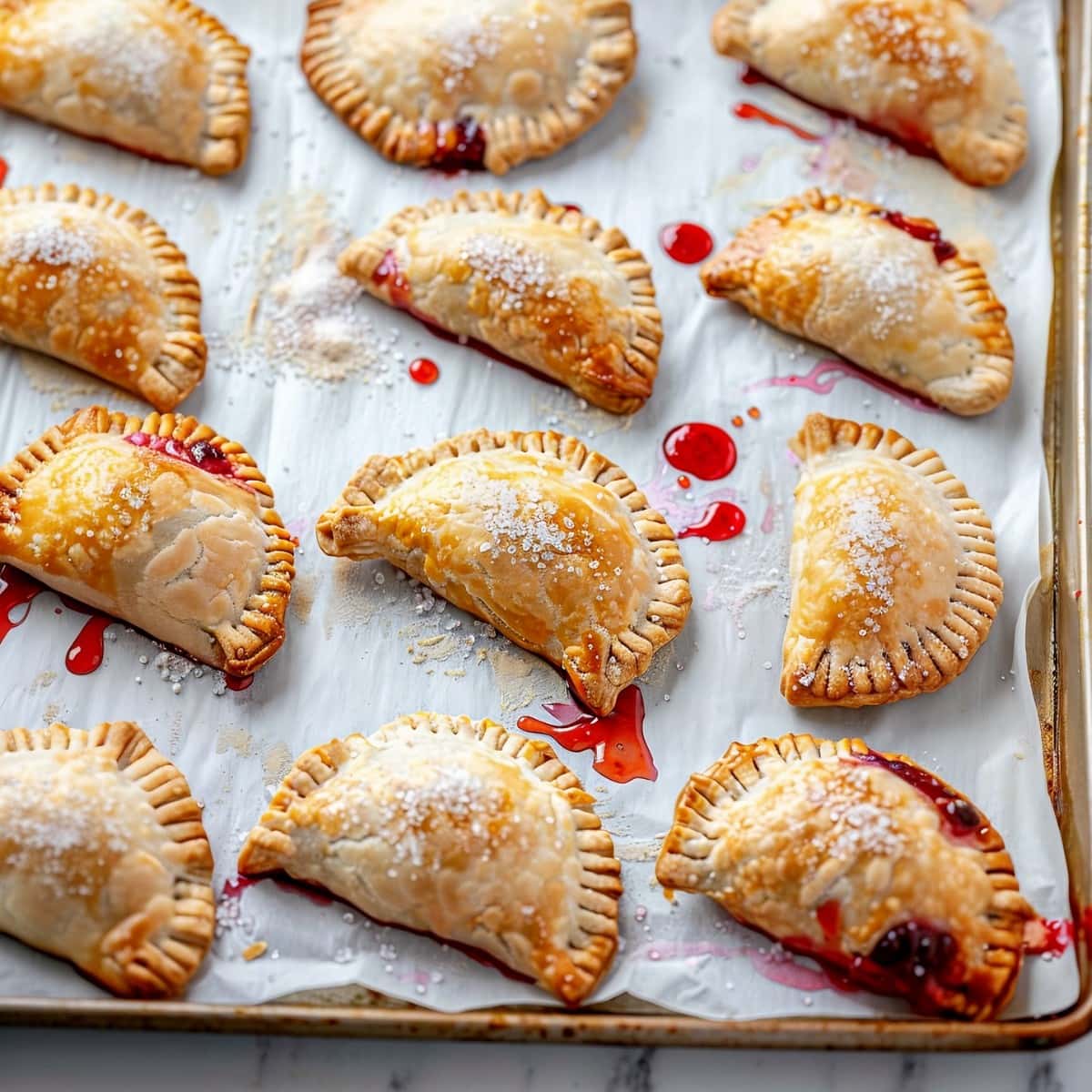 Homemade cherry hand pies on a baking tray with parchment paper.