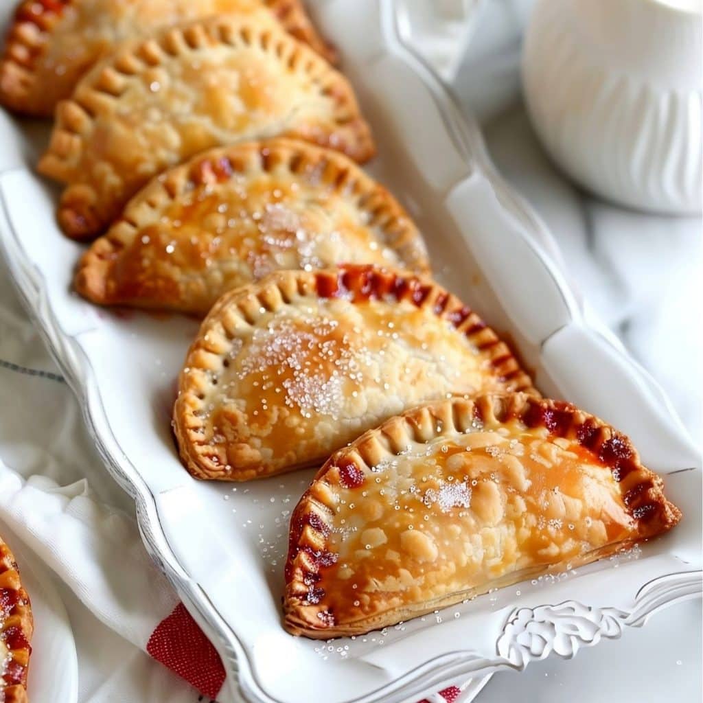 Sweet and tangy cherry hand pies with a crispy, golden crust on a platter.