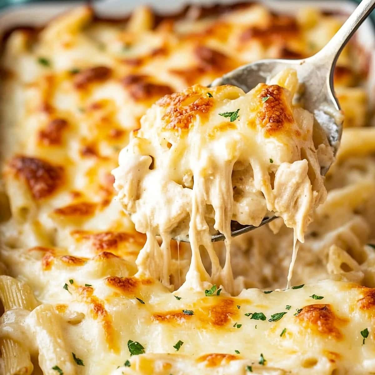 Savory and creamy chicken alfredo casserole, close-up.