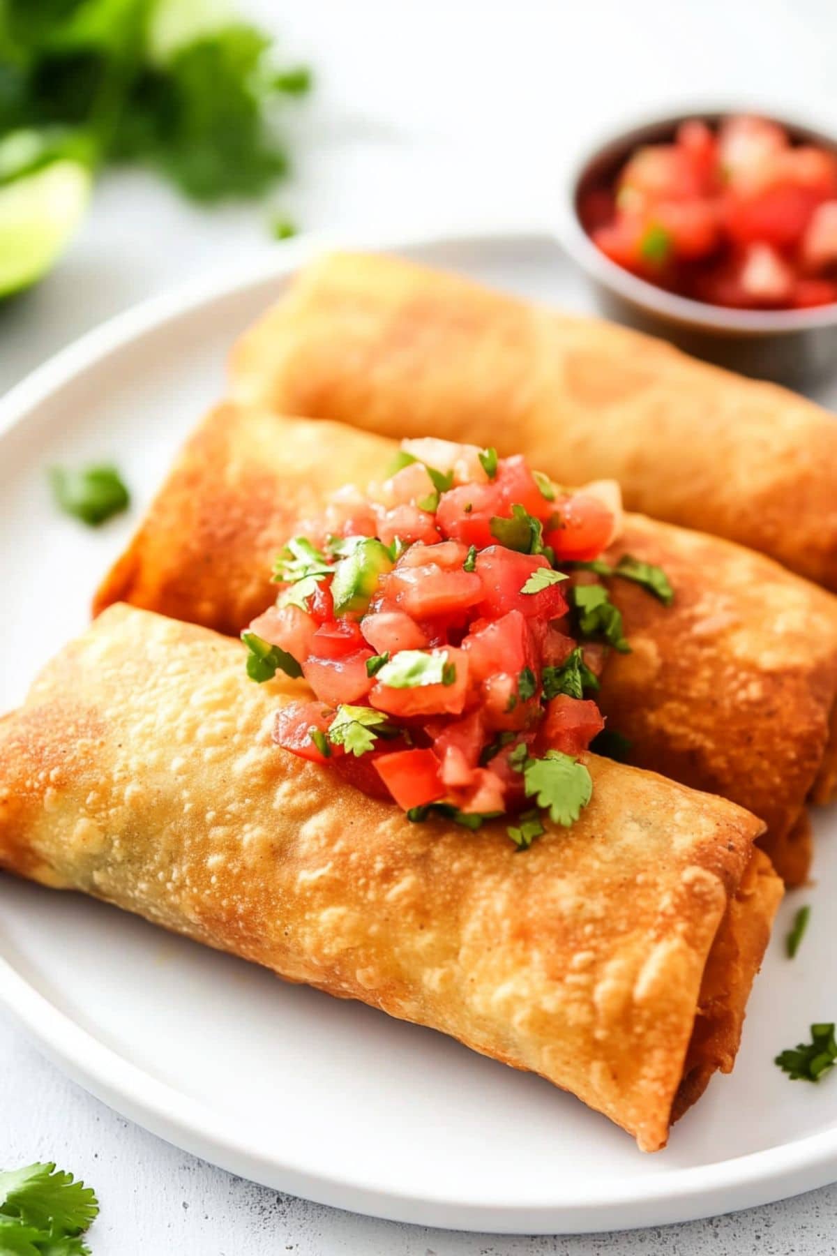 Crispy chicken chimichangas with salsa served on a white plate.