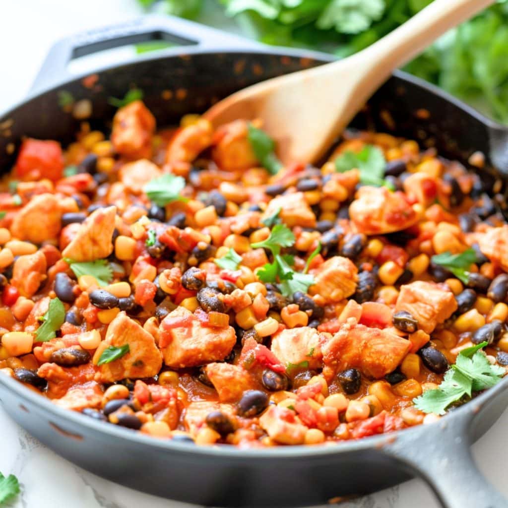 Black beans, corn, enchilada sauce, and cooked chicken sauteed in a cast iron skillet pan.