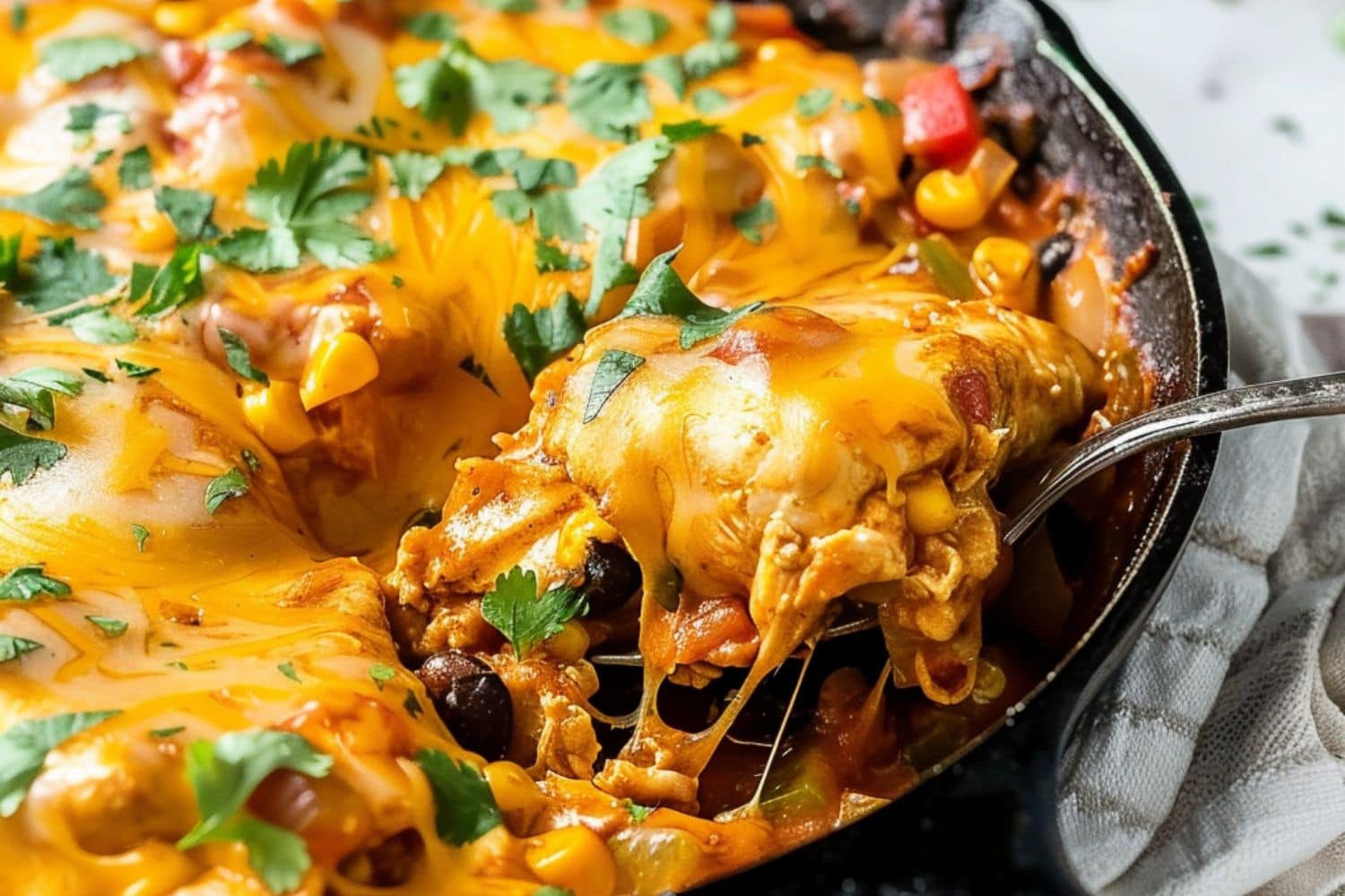 Cheesy chicken enchiladas cooked in a cast iron skillet pan, scooped with a spoon.