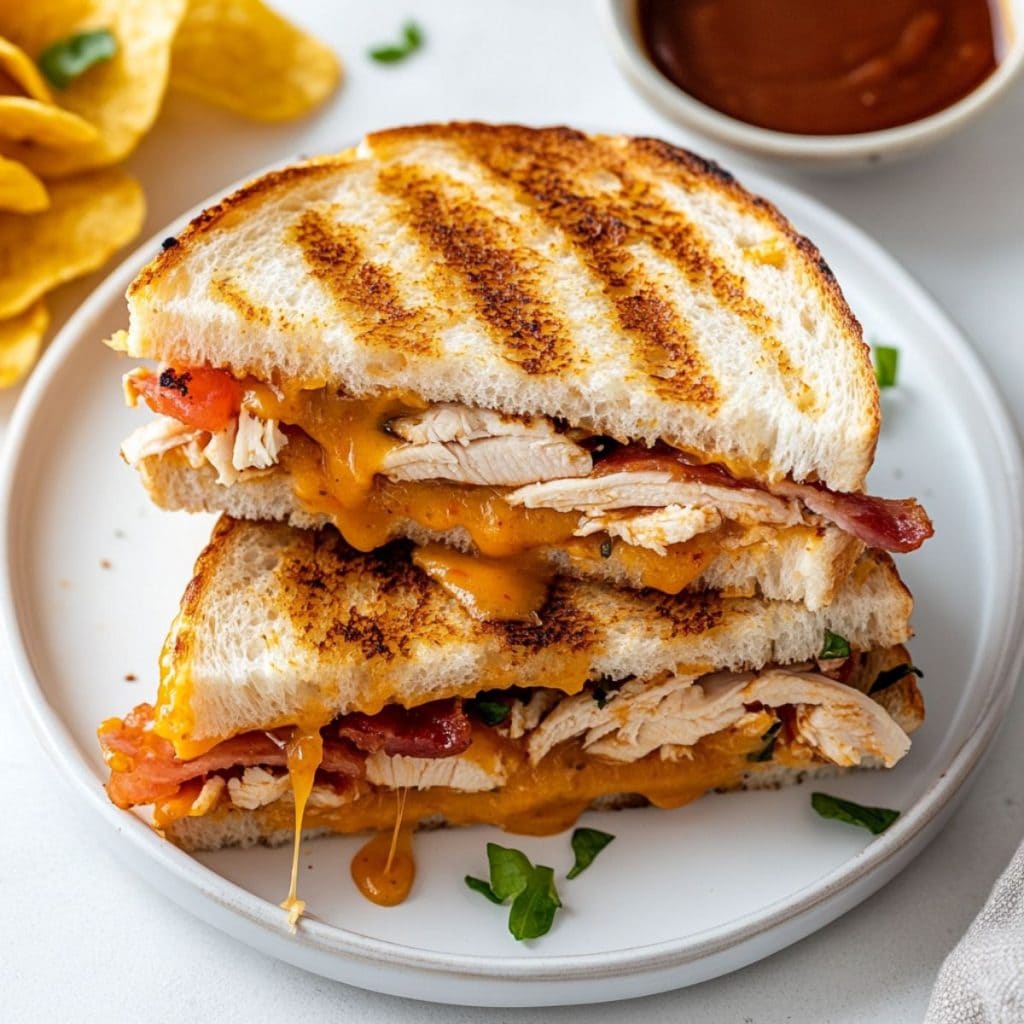 Chicken panini with shredded chicken, tomato, bacon and cheese served on a white plate, top view