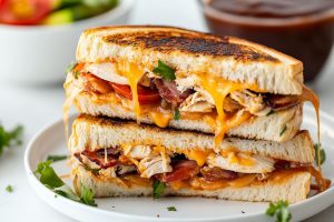 Sliced chicken panini served in a white plate.