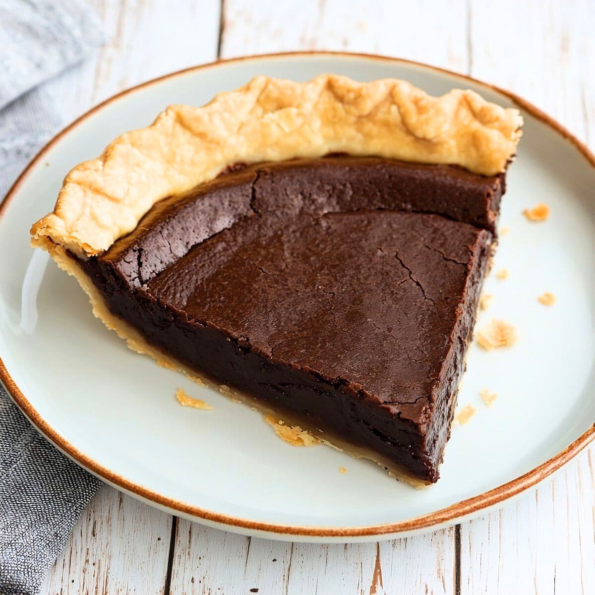 Slice of chocolate fudge pie served on a white plate sitting on a wooden table.