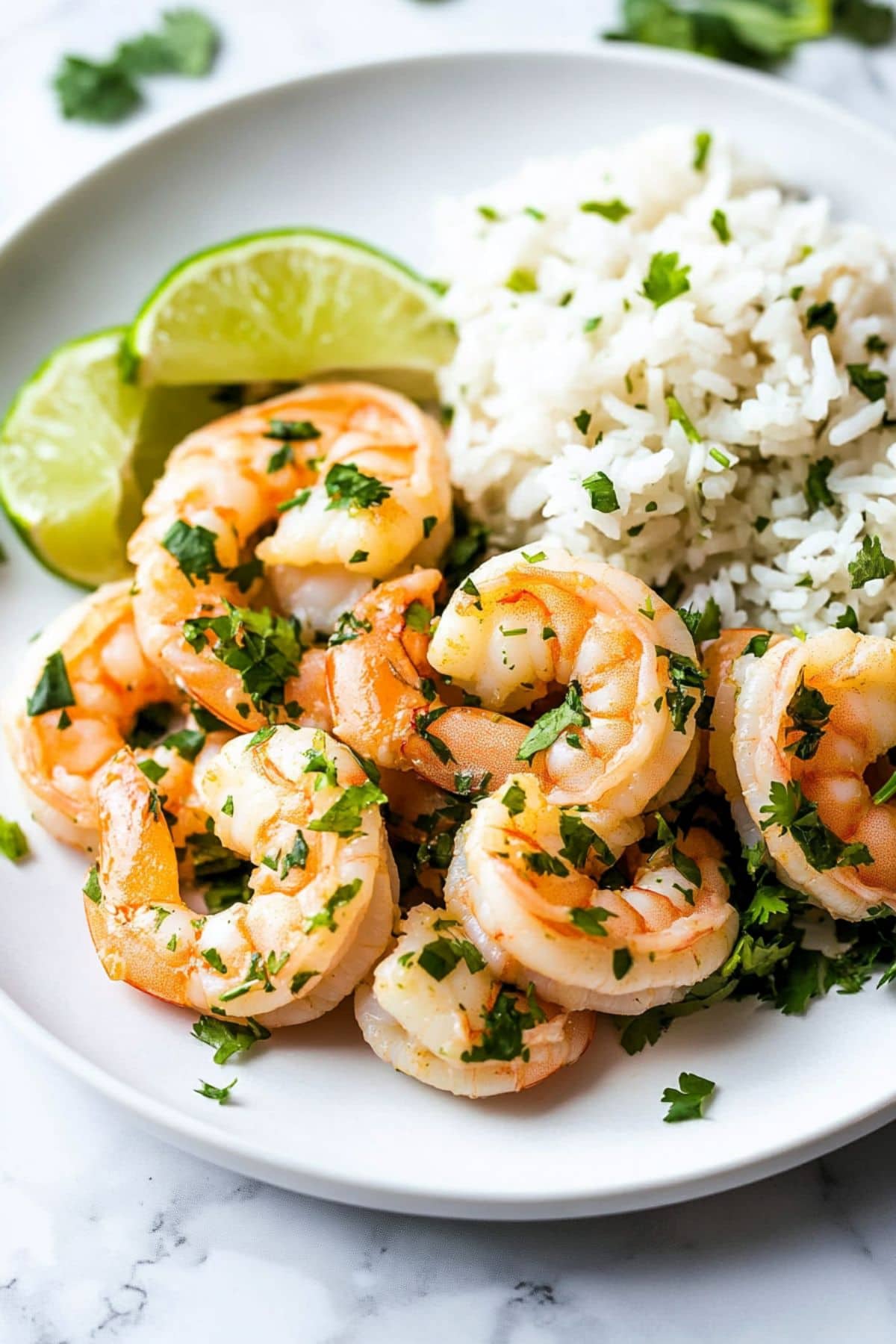 Cilantro lime shrimp served with fluffy white rice on a white plate.