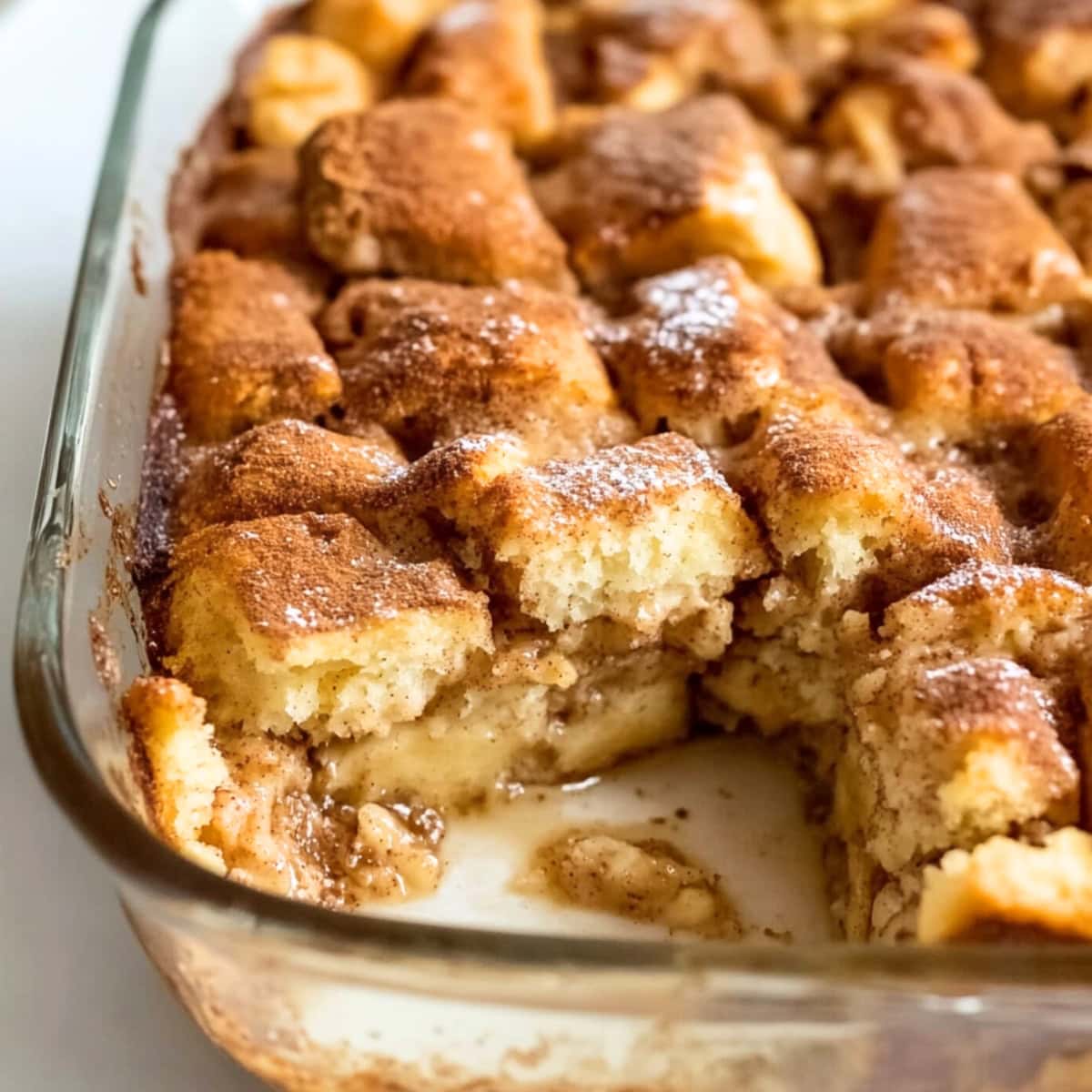 Layers of cinnamon rolls with cinnamon powder on top.