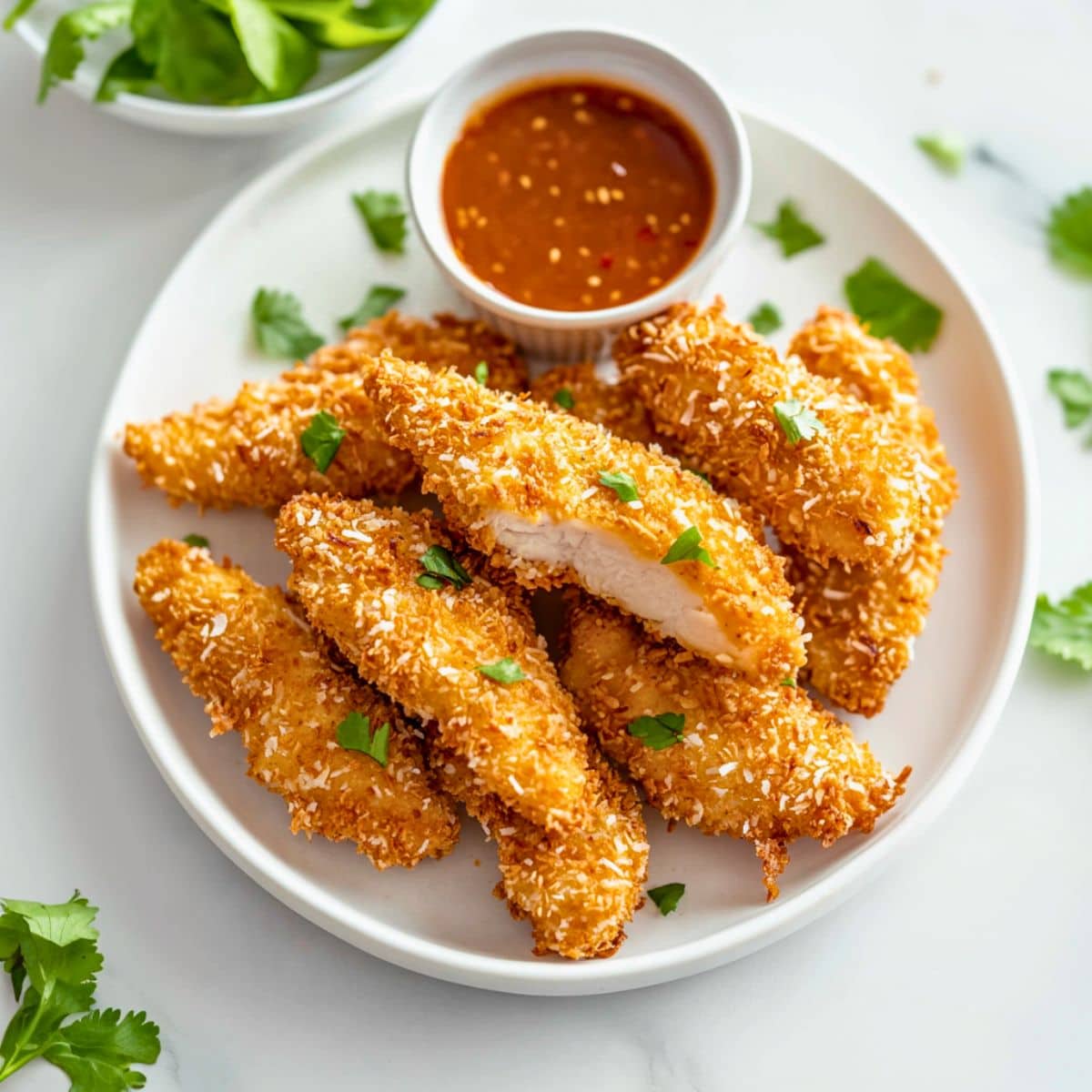 Bunch of crispy coconut chicken tenders arranged in a white plate served with sweet chili sauce.