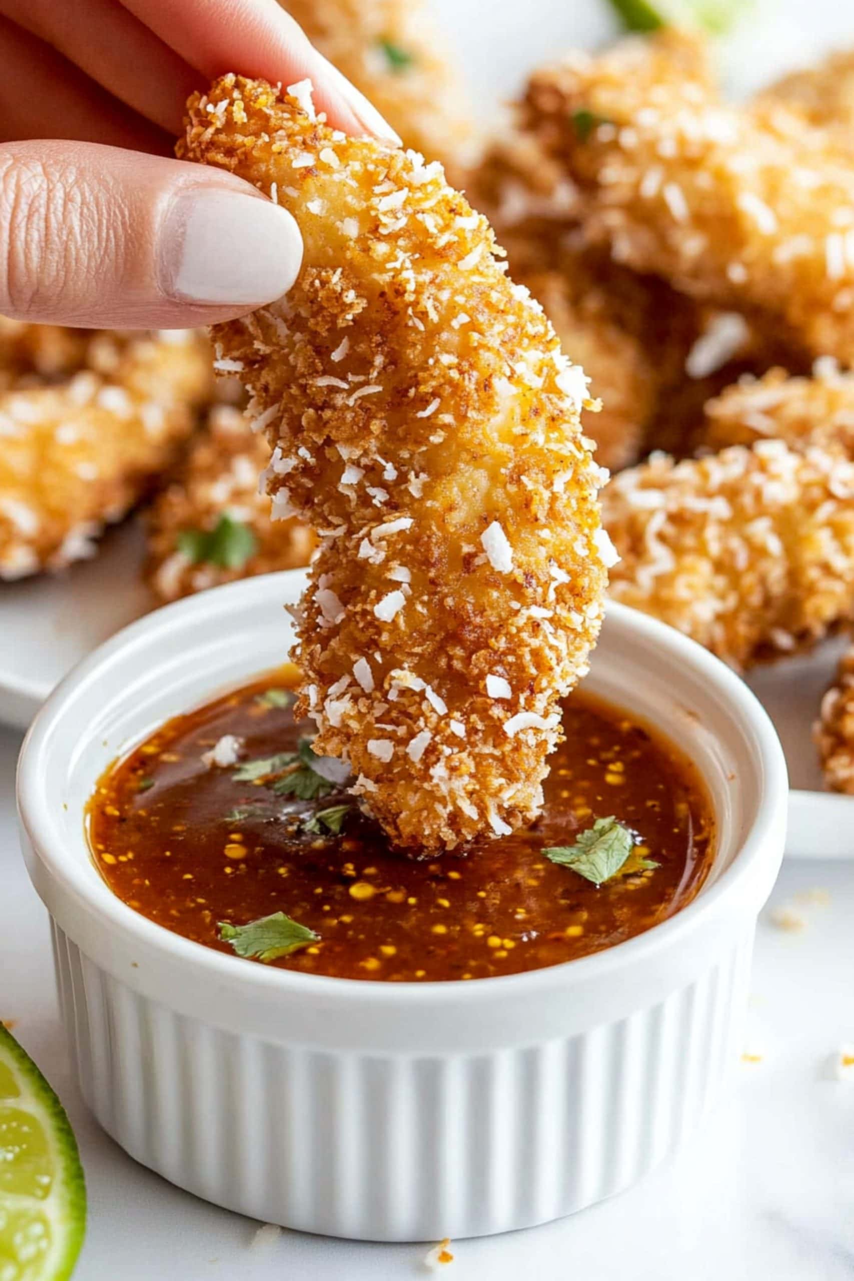 Hand holding a piece of chicken tenders coated in sweetened coconut flakes and bread crumbs dipping it to sweet chili sauce.