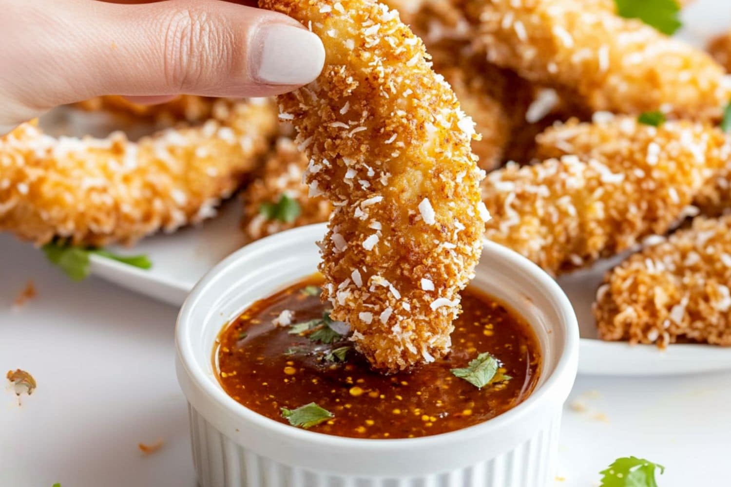 Crispy coconut chicken tenders dipped in a sweet chili sauce.