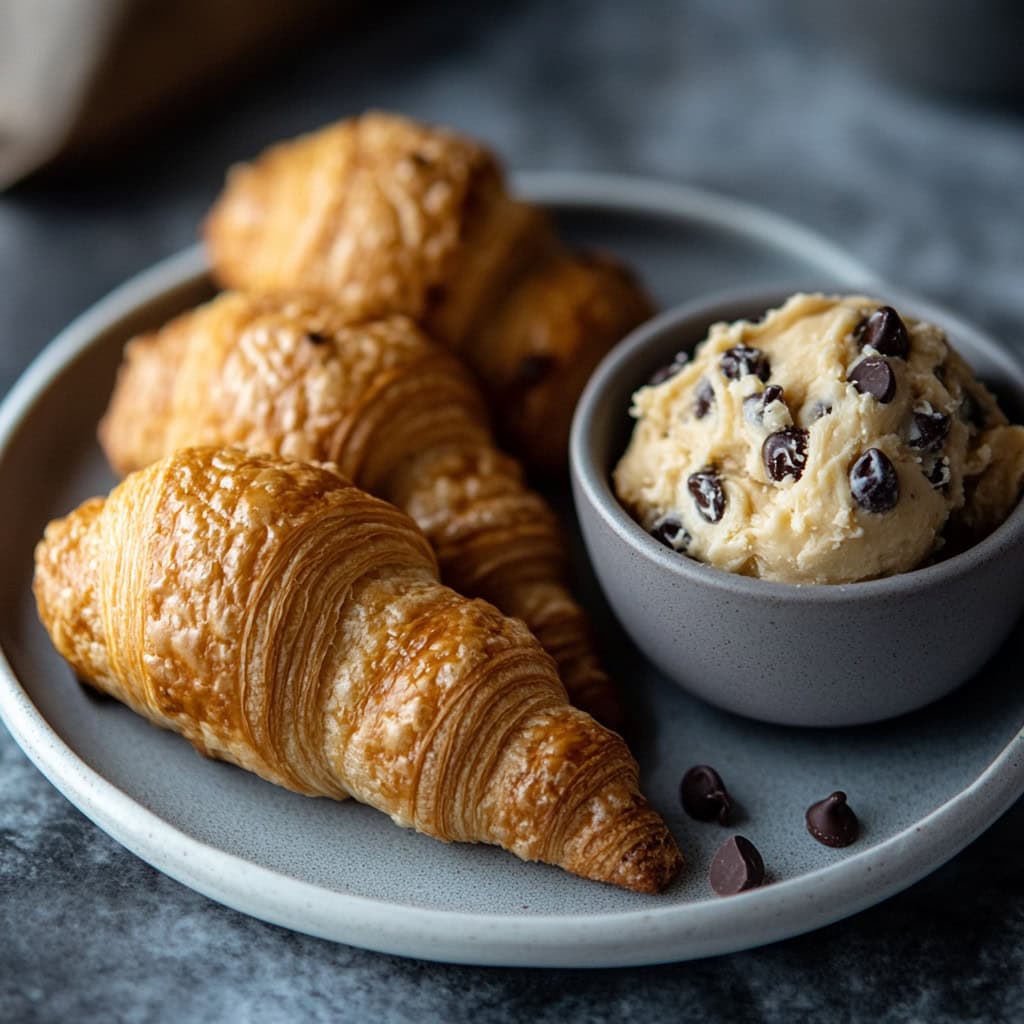 Croissants on a plate with a bowl of chocolate chip cookie dough on the side