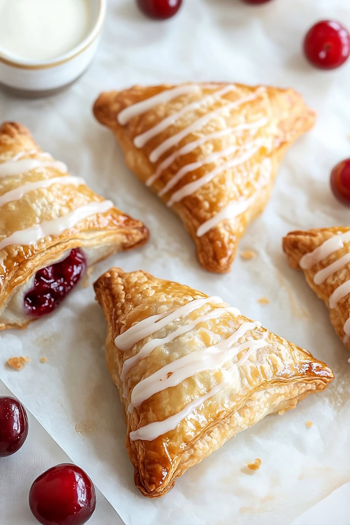 Homemade cherry turnovers on parchment paper with glaze drizzled on top.