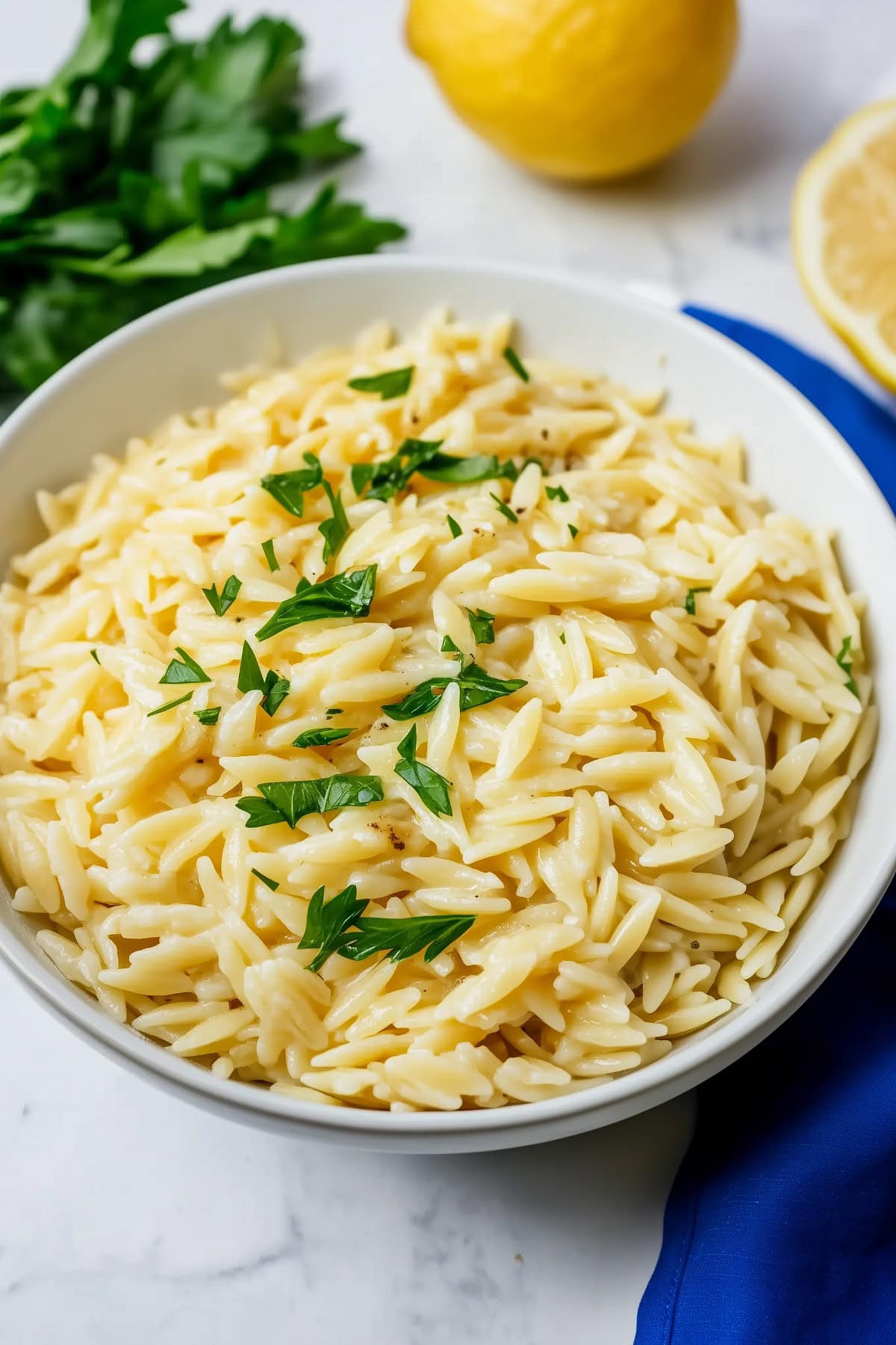 Rice shaped orzo pasta with parsley and lemon