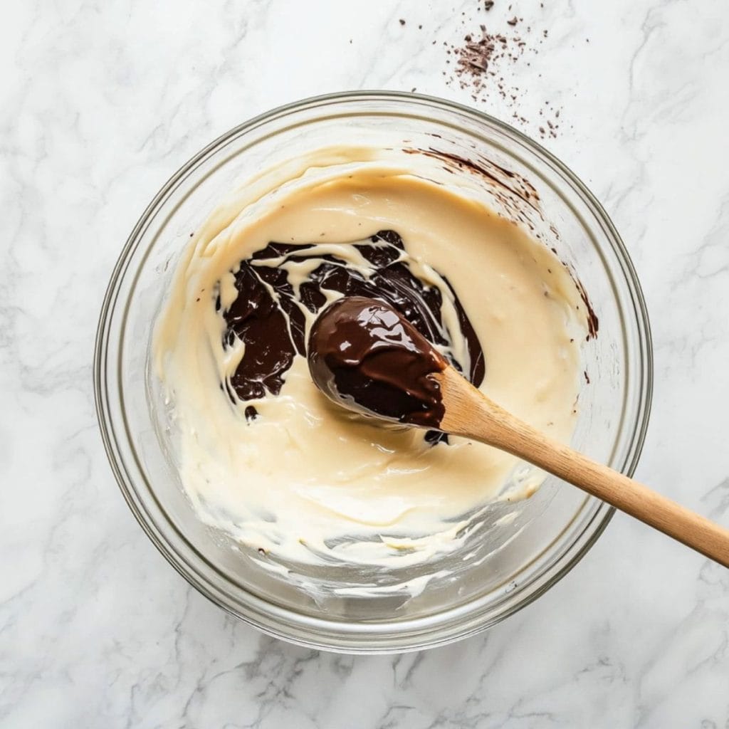 Melted white chocolate with molasses in a glass mixing bowl, top view