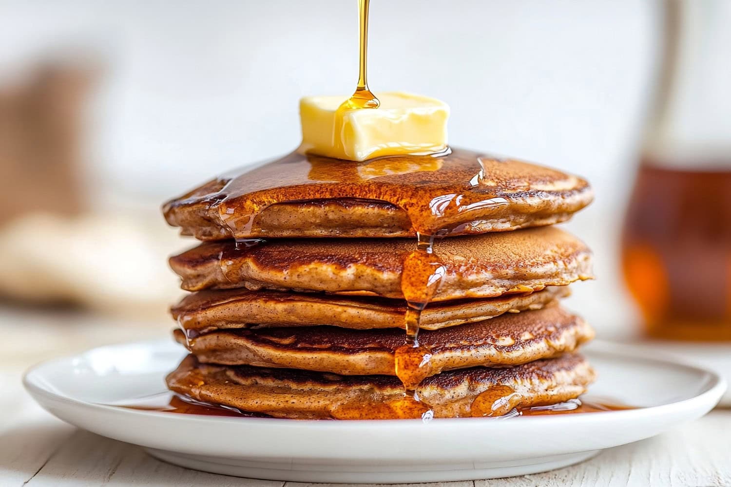 A stack of fluffy gingerbread pancakes drizzled with maple syrup and topped with butter.