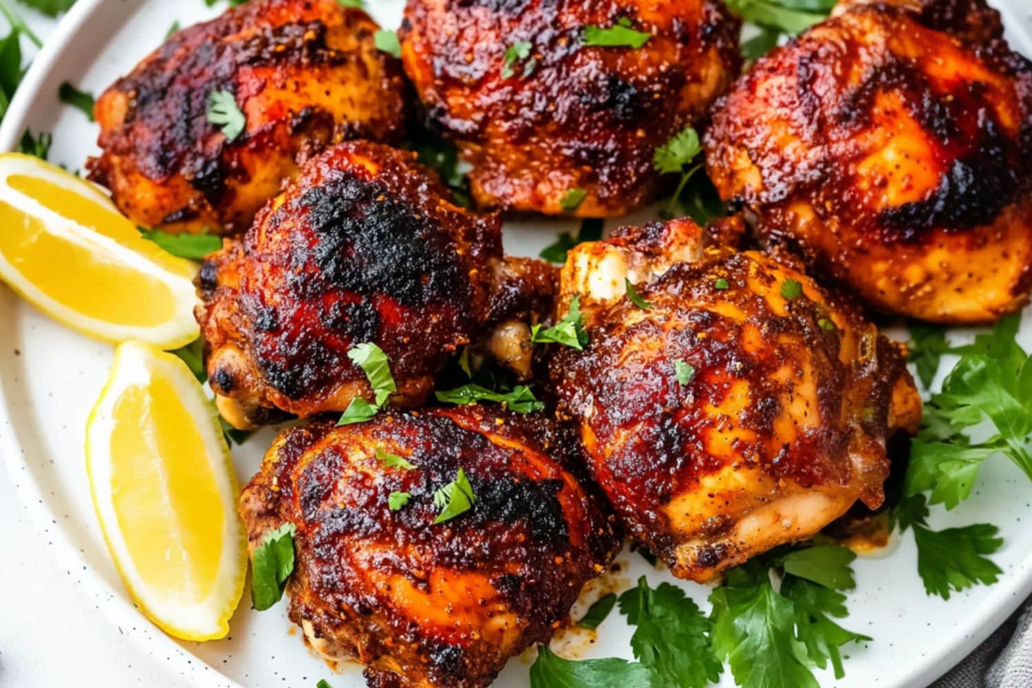 Harissa honey chicken served in a white plate.