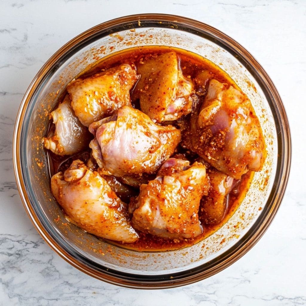 Marinated chicken thigh with harissa honey marinade in a large glass mixing bowl.