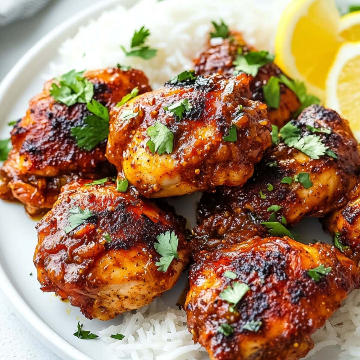 Grilled harissa honey chicken served with white rice.