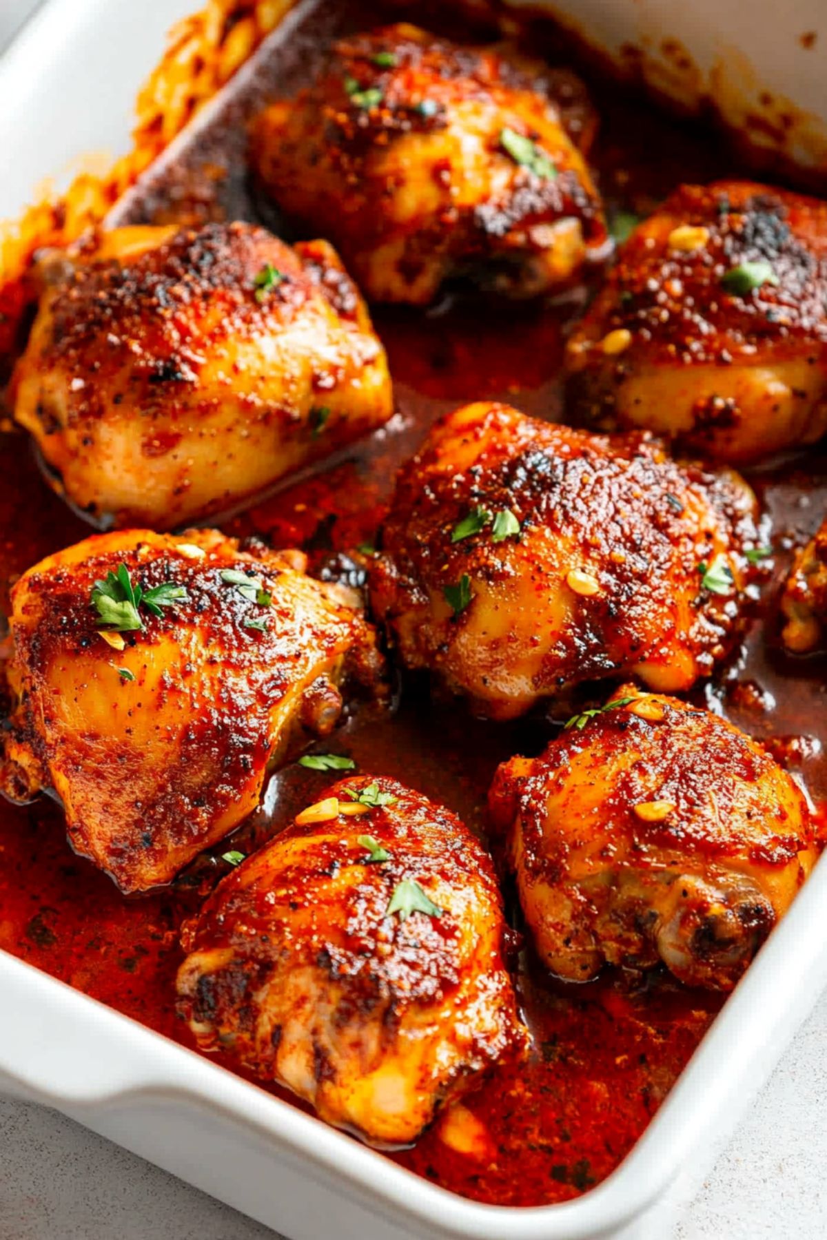 Honey harissa marinated chicken thigh in a baking dish.