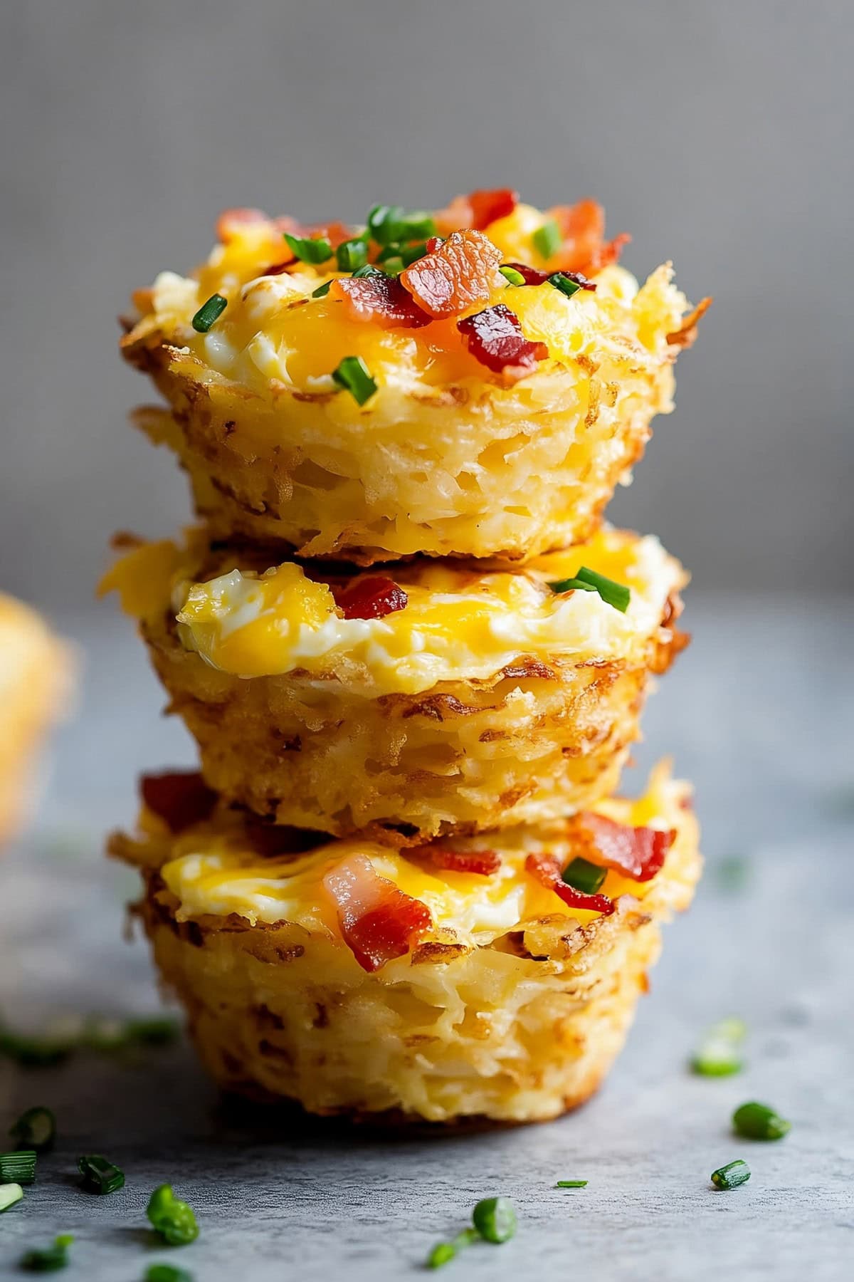 Hash brown egg cups with a crispy golden exterior, topped with bits of bacon and cheese.