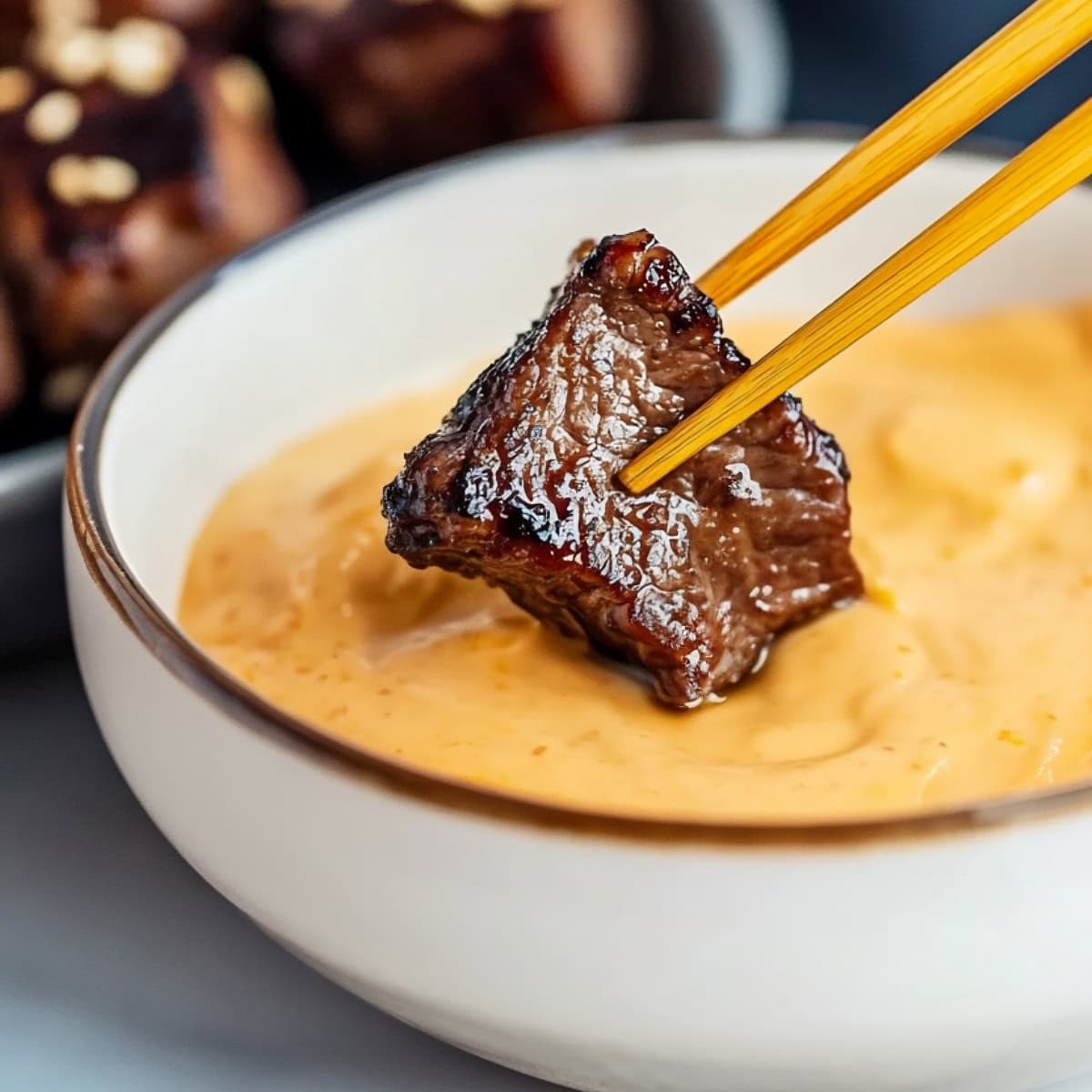 Dipping steak with a chopstick into a bowl of yum yum sauce.