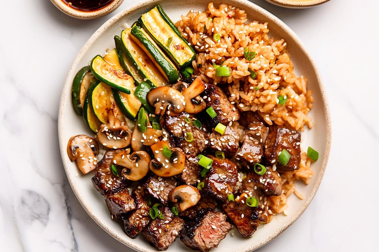 Hibachi steak with vegetables and rice in a white plate, overhead view.