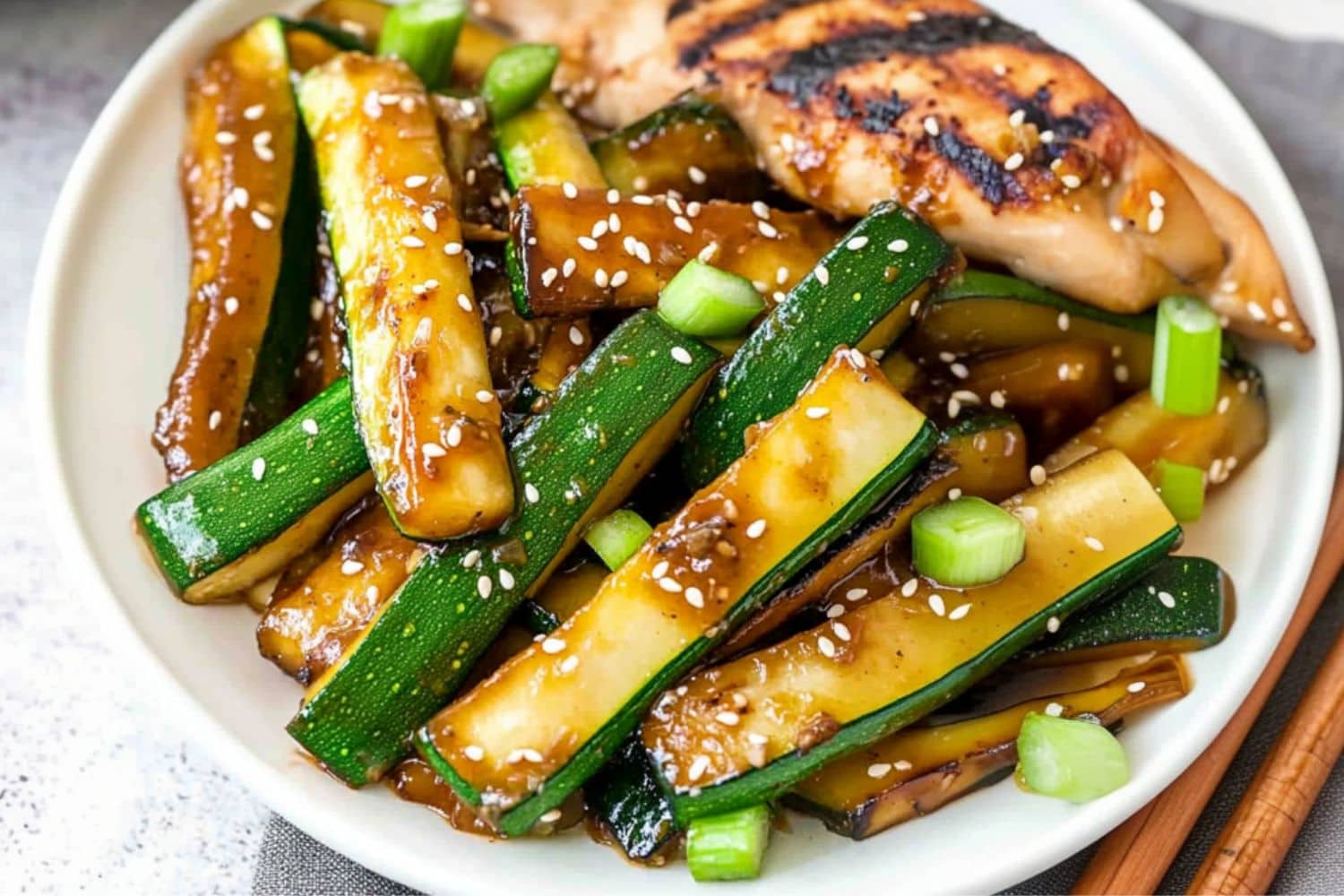 Hibachi zucchini tossed in sauce garnished with sesame seeds.