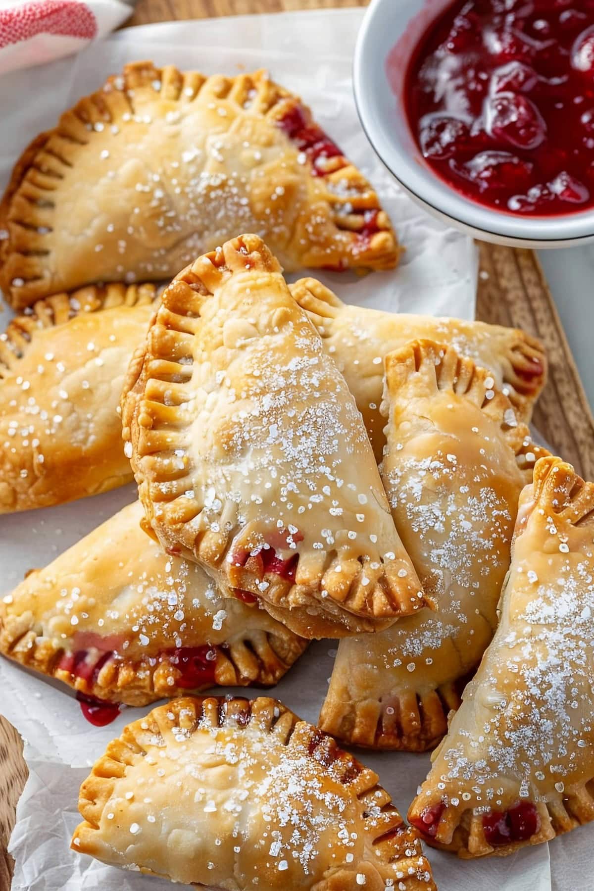 Freshly baked cherry hand pies with coarse sugar, close up