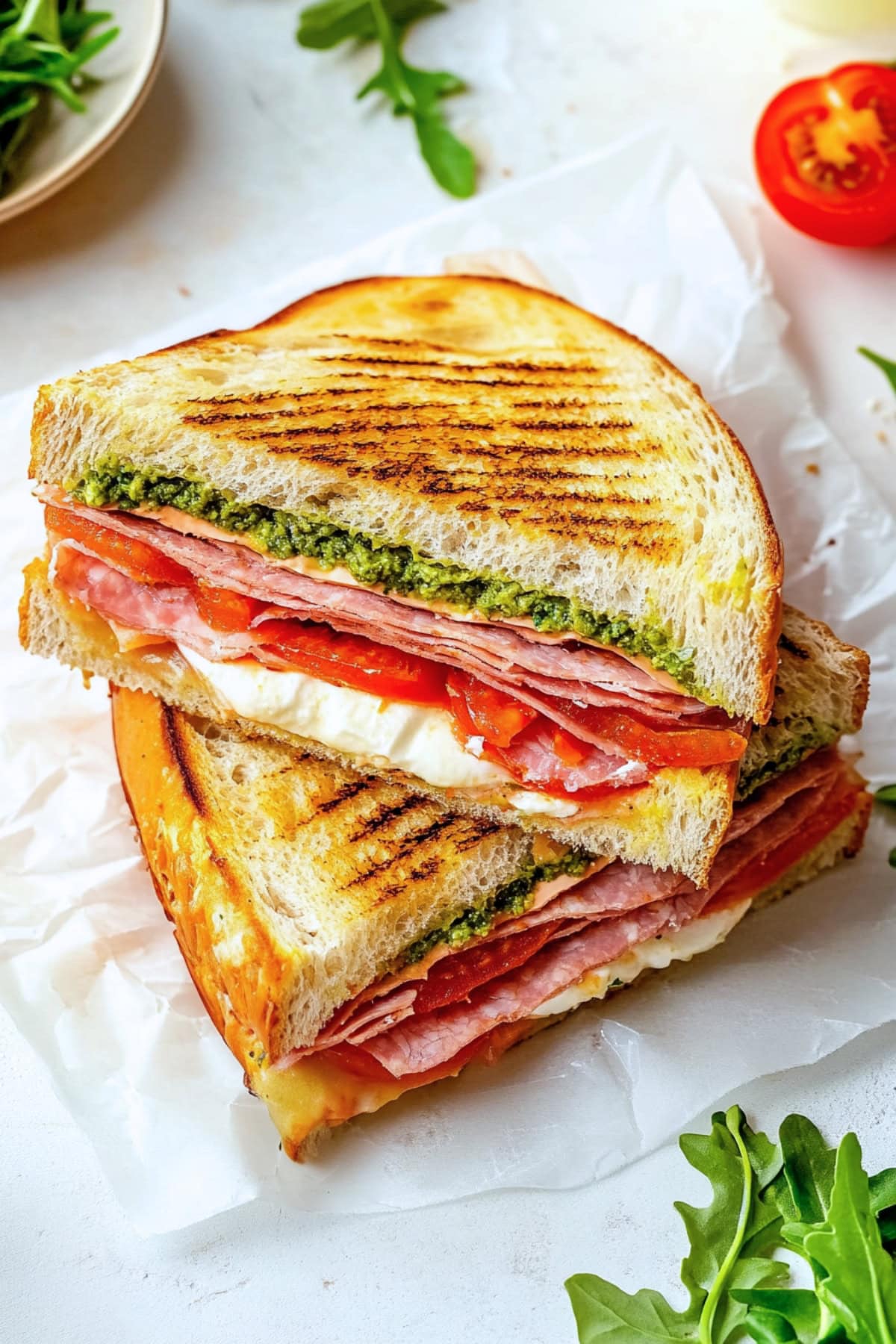 Italian Panini Sandwich with basil pesto, salami, prosciutto, mortadella and vegetables.