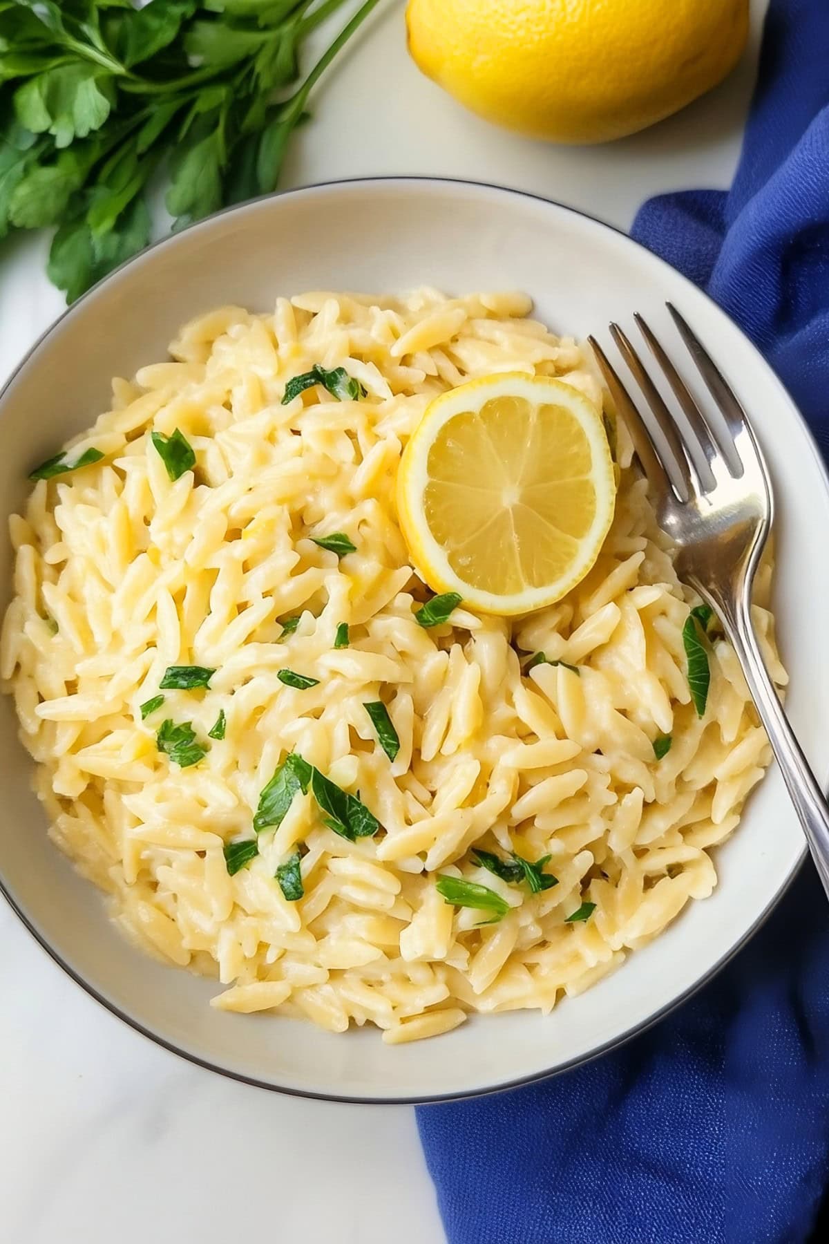 Creamy lemon orzo in a bowl, garnished with parsley, top view