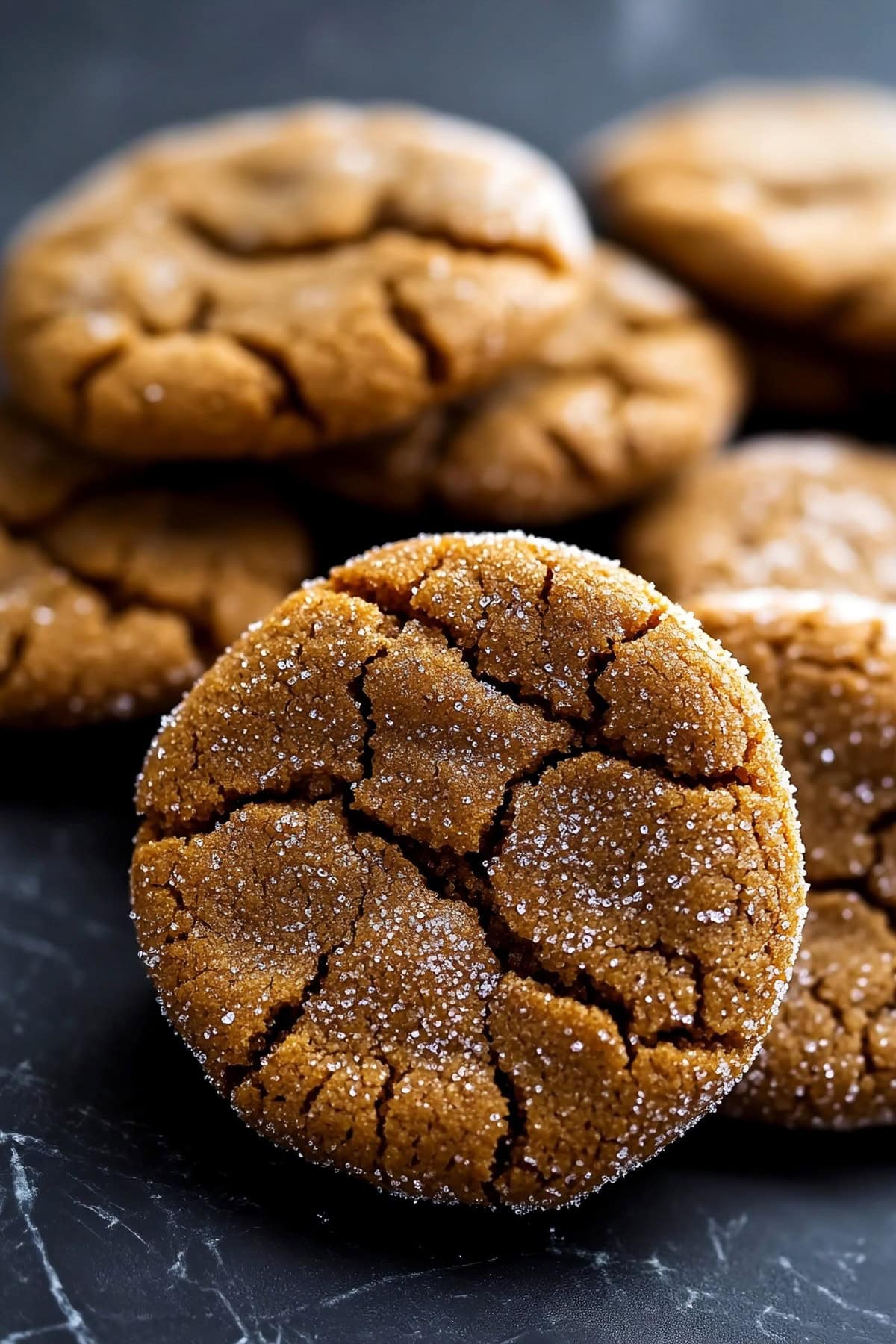 Close-up of soft and chewy molasses cookies with a crackled surface.