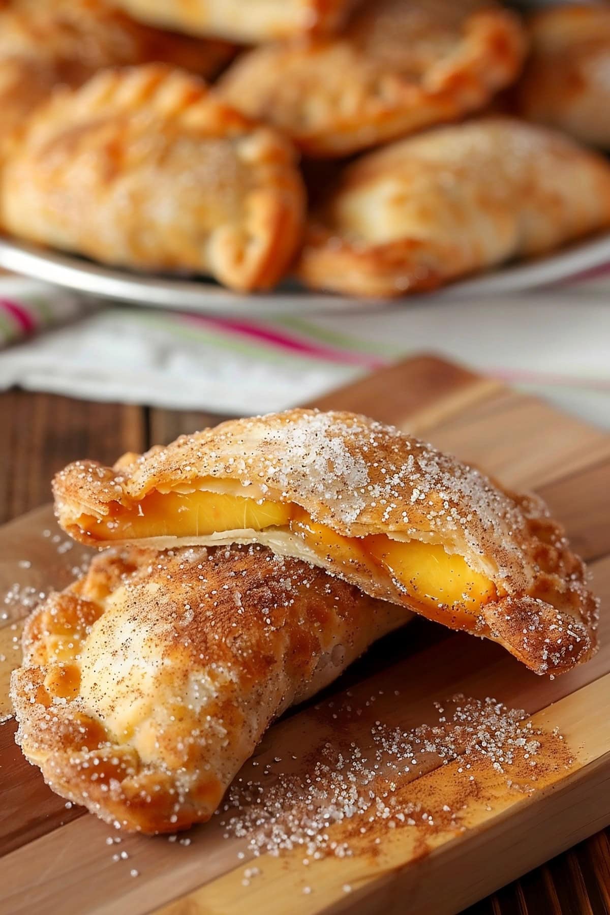 Two peach hand pies in a wooden board, ready to serve.