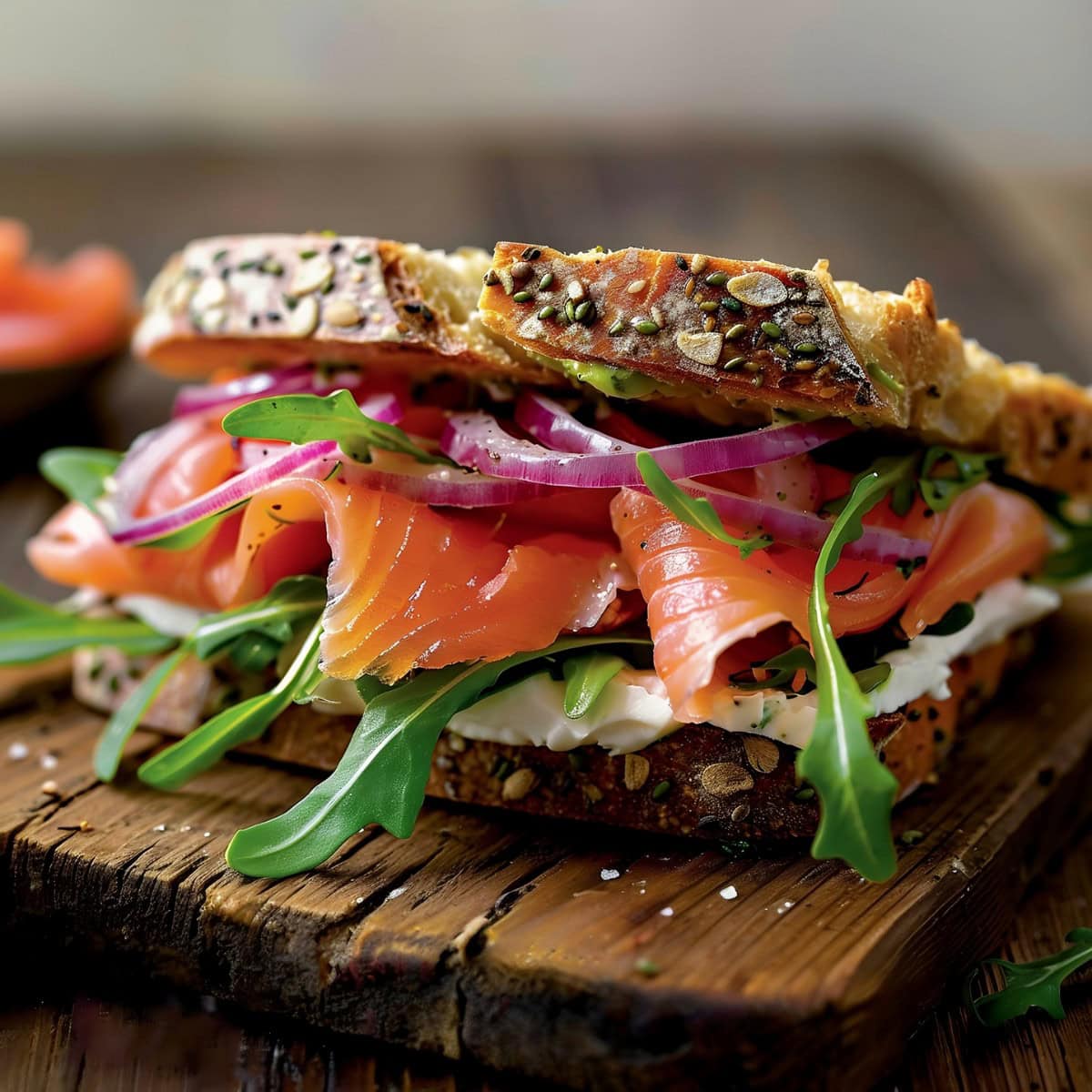 Classic smoked salmon sandwich on a toasted bagel.