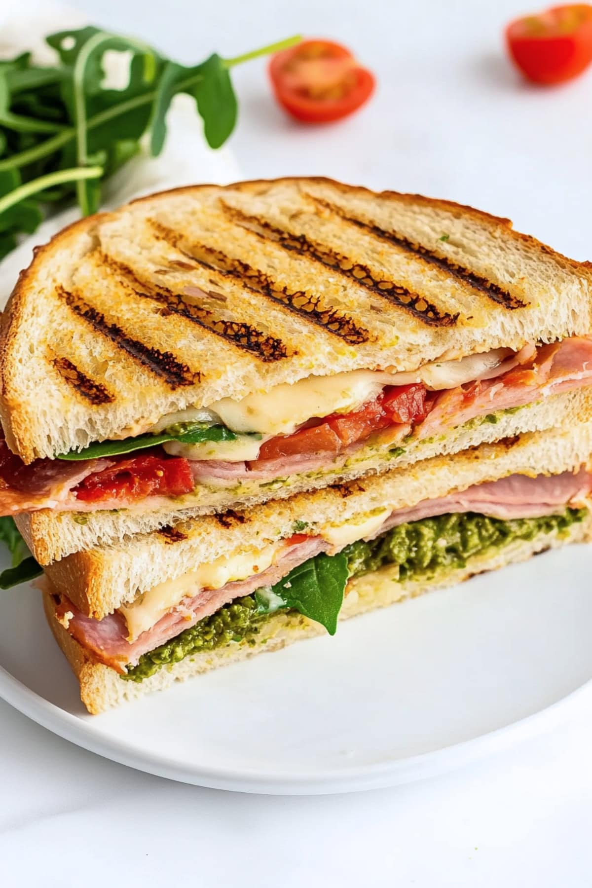 Crispy Italian panini with melted mozzarella and layers of prosciutto and basil.