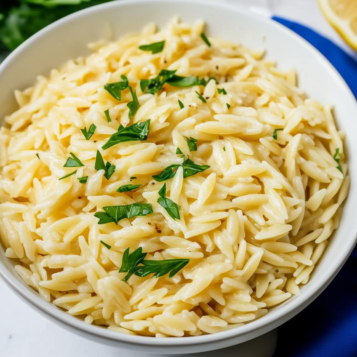 One Pot Lemon Orzo Pasta in a bowl with fresh herbs, side view