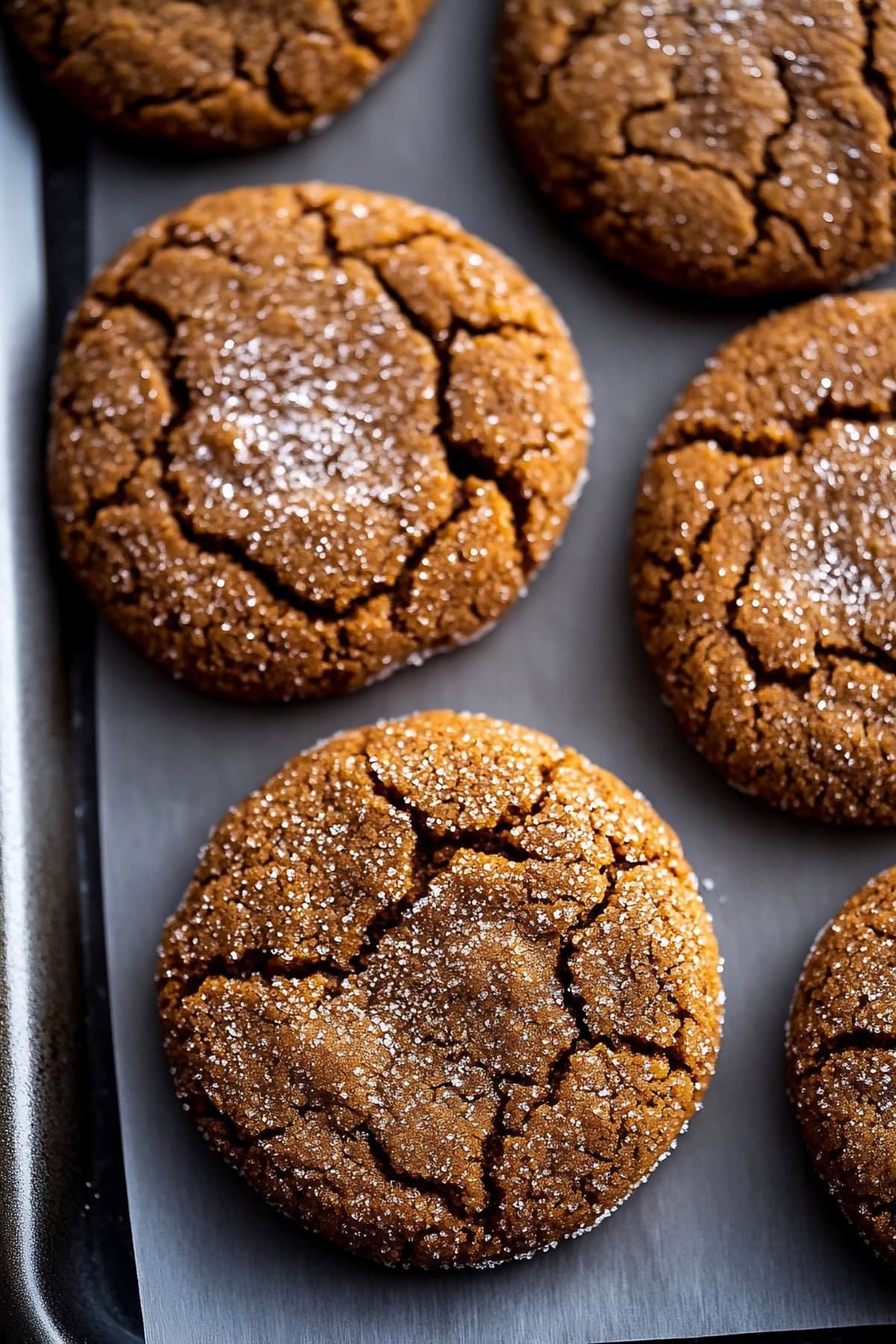 Molasses cookies topped with sugar, overhead view.