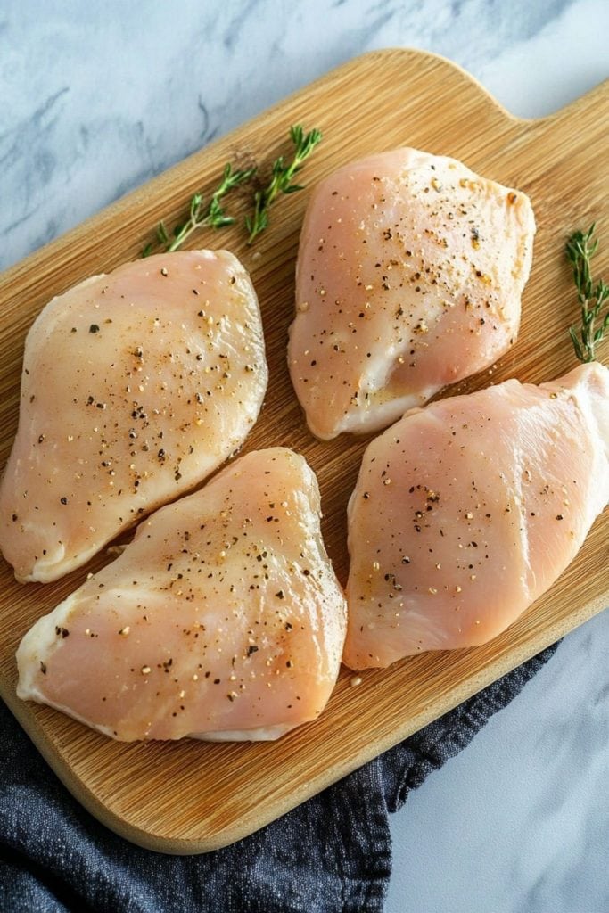 Seasoned chicken breasts on a wooden board.