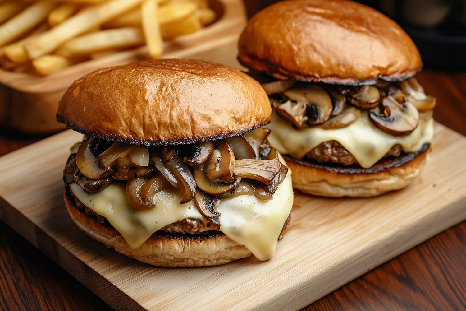 Classic mushroom Swiss burger with a toasted bun and a side of fries.