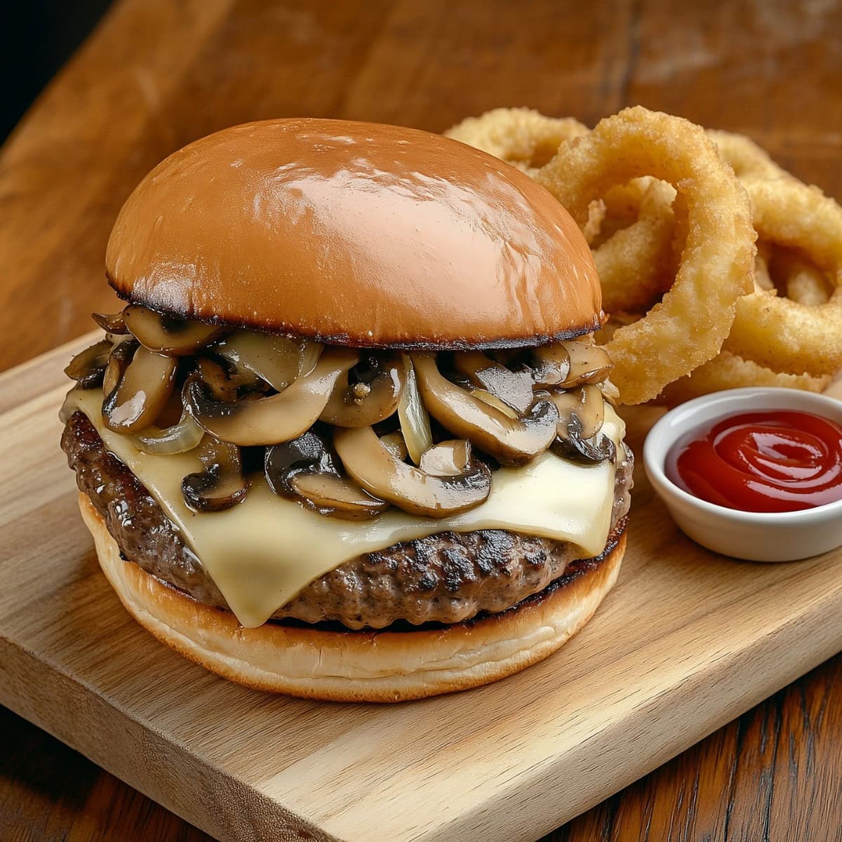 Mushroom Swiss Burger with Fried Onions and Ketchup.