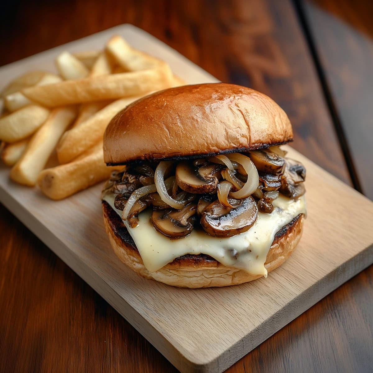 Homemade mushroom Swiss burger featuring a thick beef patty and gooey cheese.