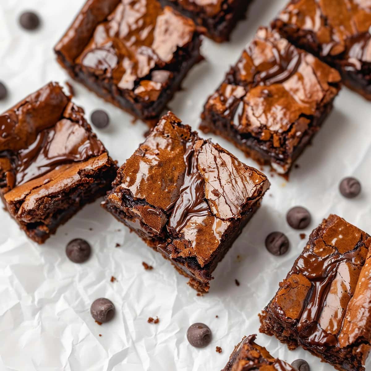 Moist and chewy Nutella brownies with chocolate chips and a shiny, crackly top, sliced into squares on parchment paper