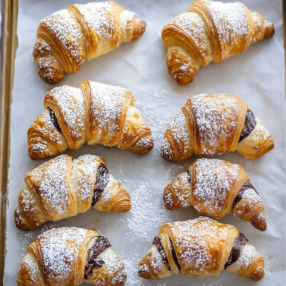 A freshly baked Nutella croissant with a light dusting of powdered sugar on top.