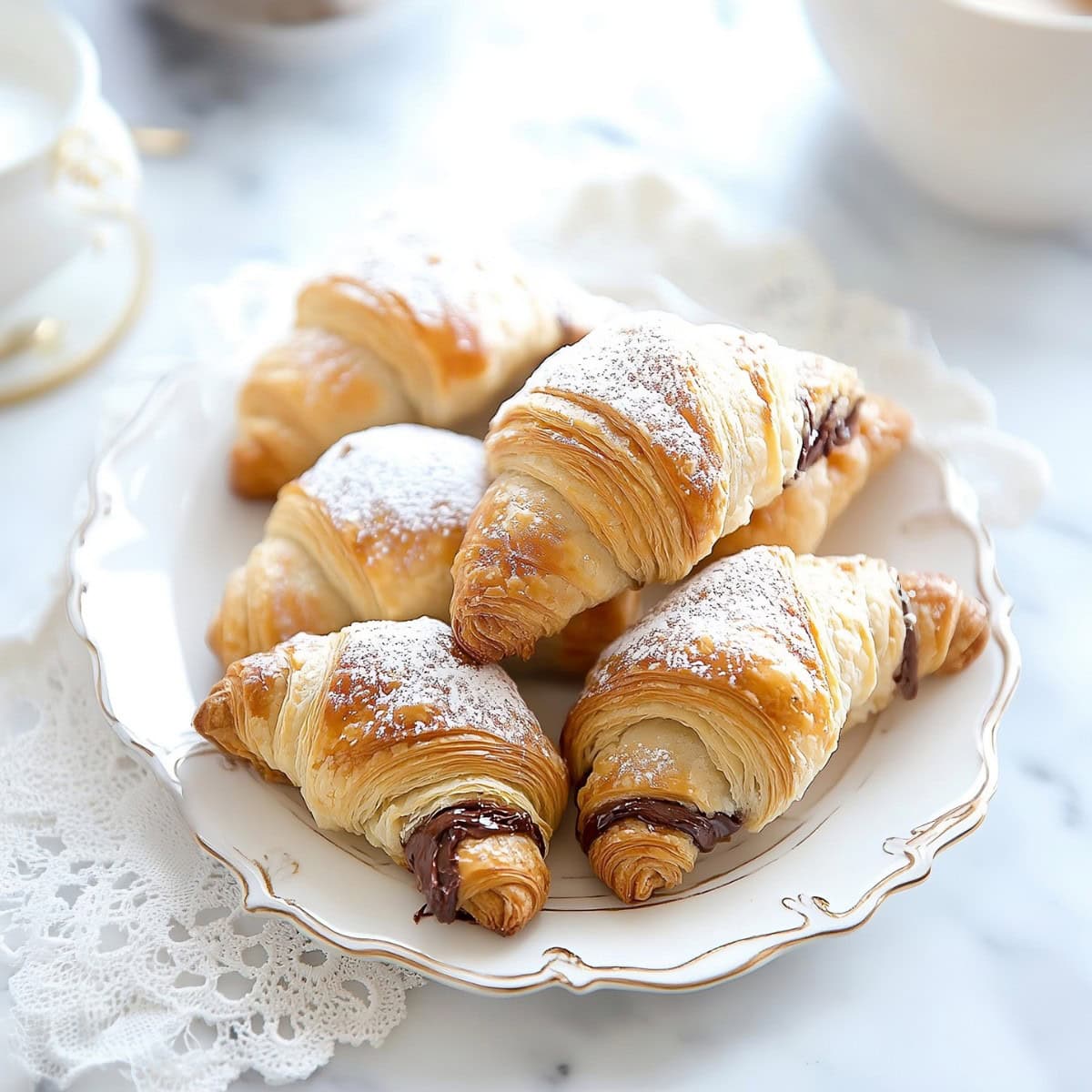 A plate of 3-ingredient nutella croissants dusted with powdered sugar