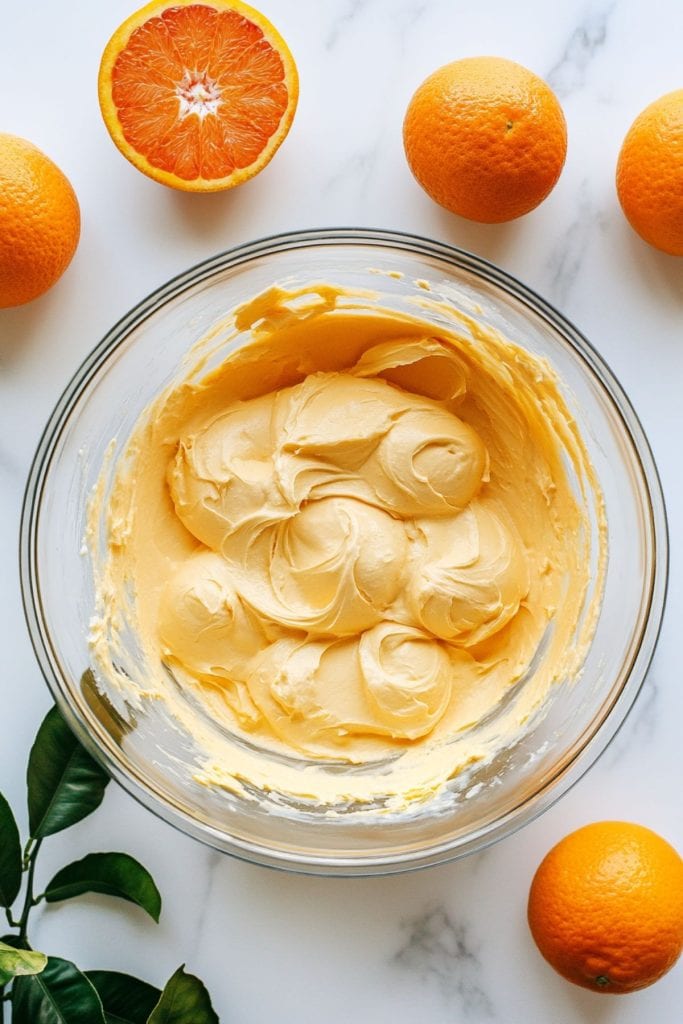 Orange creamsicle pie filling in a glass bowl, top view